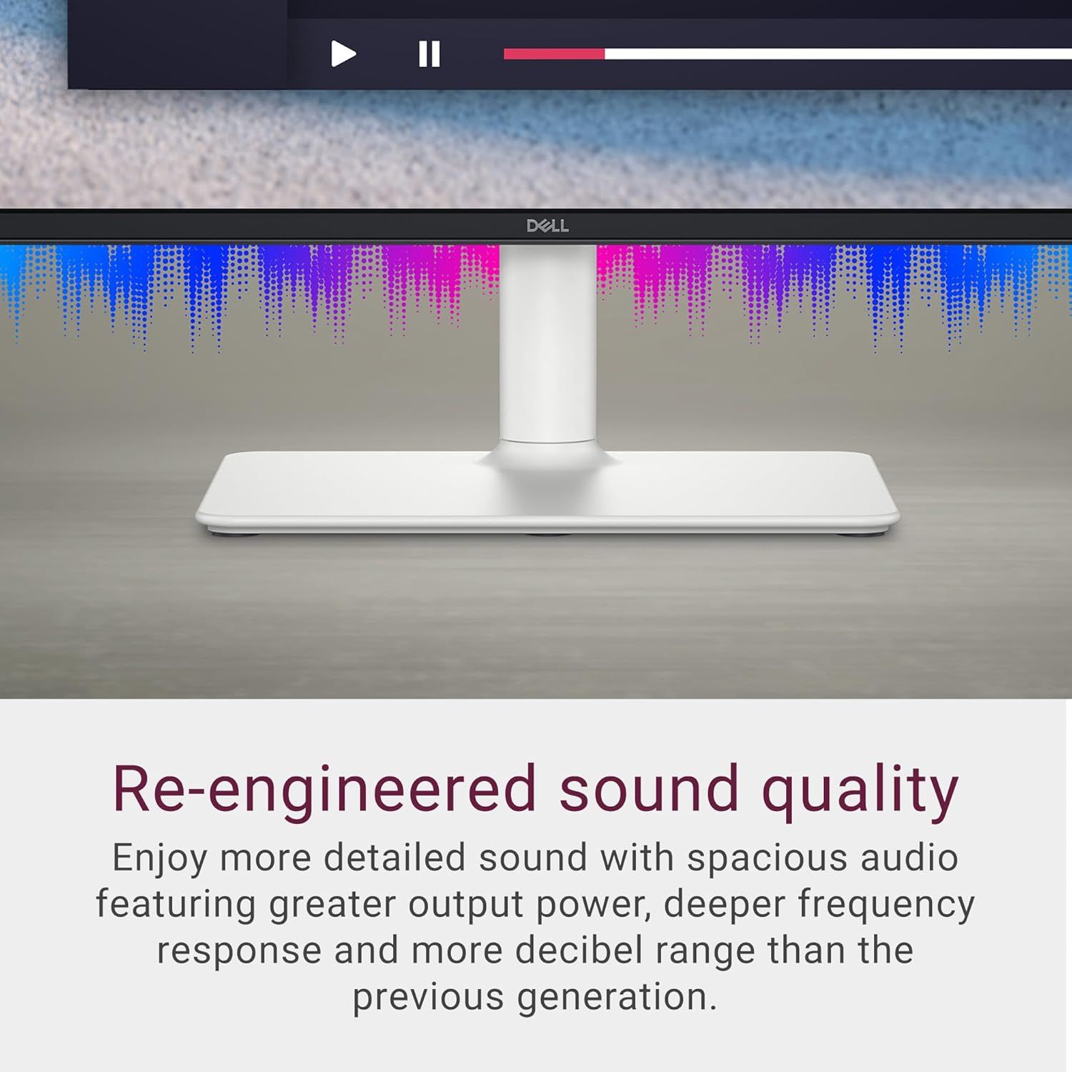 Communicates the monitor's superior audio capabilities with improved output power, frequency response, and decibel range to reassure shoppers of premium sound quality.