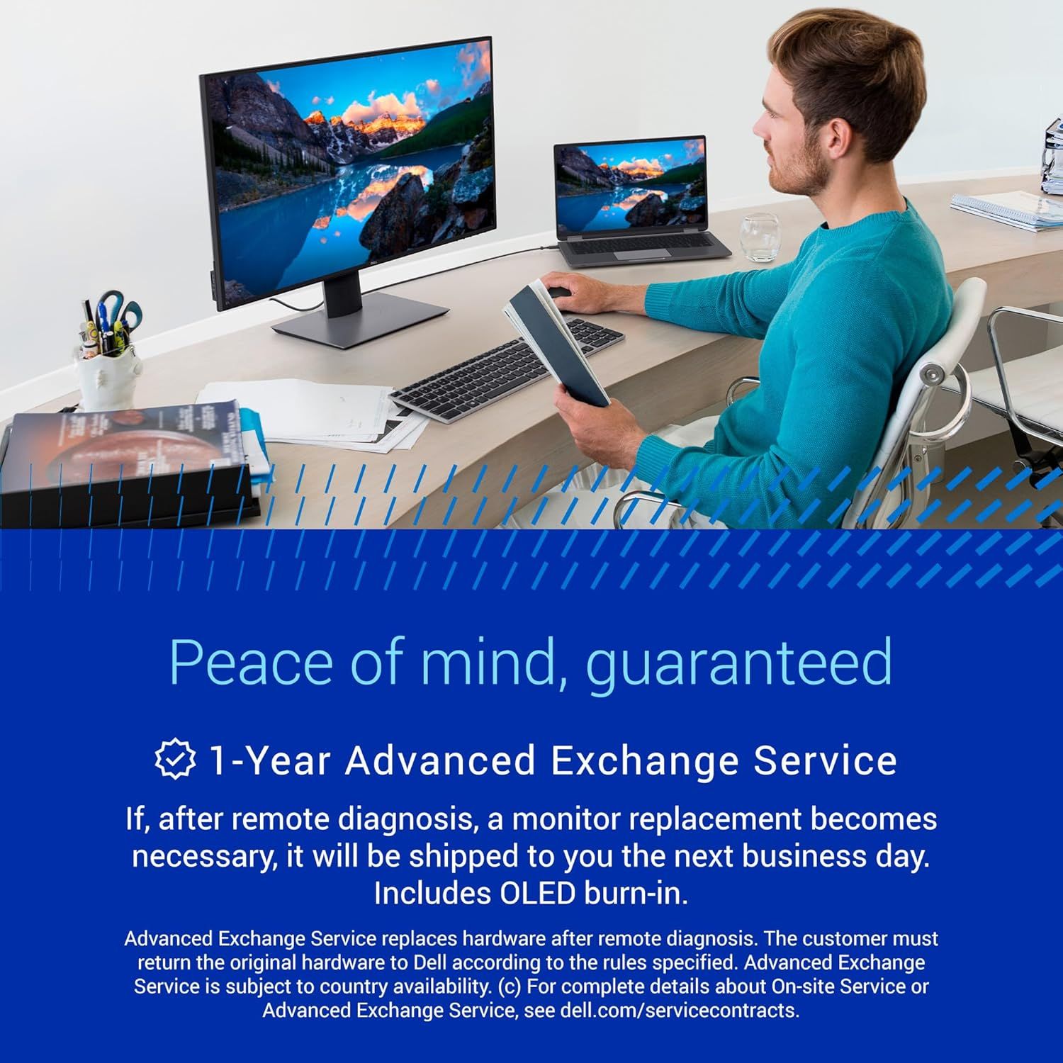 Communicates the warranty and exchange service benefit to reassure shoppers that they will receive fast replacement support if their monitor needs servicing.
