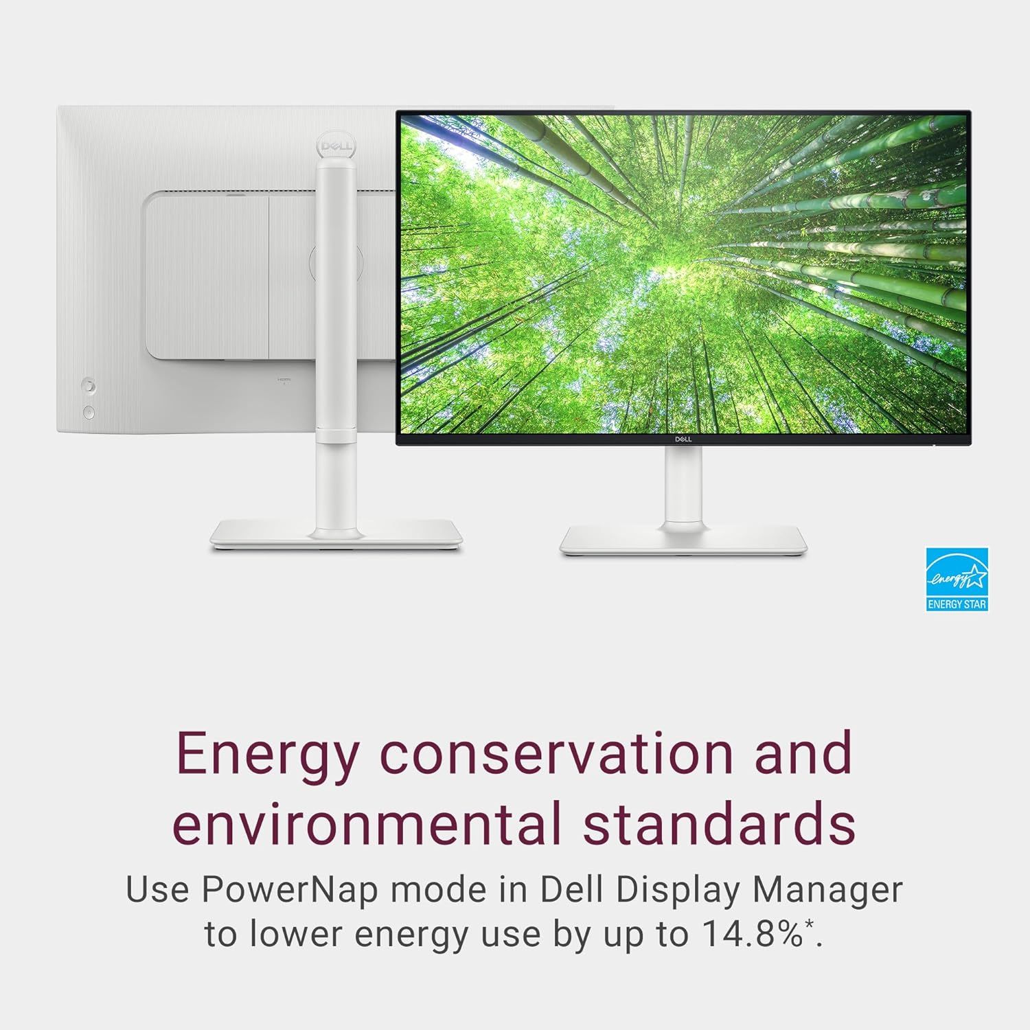 Communicates the monitor's environmental responsibility and energy-saving capability through ENERGY STAR certification and PowerNap mode, reassuring eco-conscious shoppers that the product reduces…