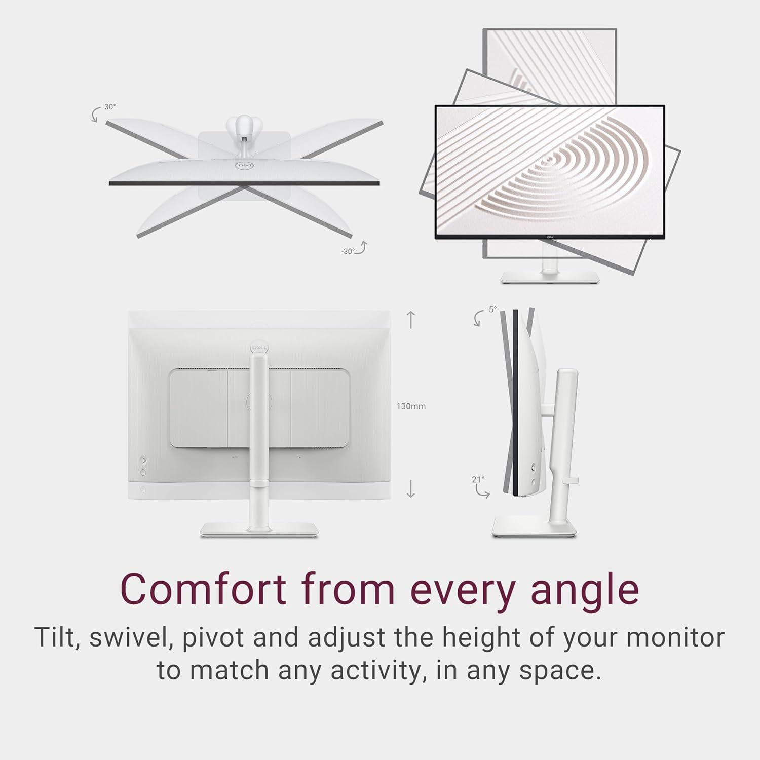 Demonstrates the monitor's full range of ergonomic adjustments (tilt, swivel, pivot, height) to reassure shoppers that they can customize viewing angles for comfort in any workspace. Communicates…
