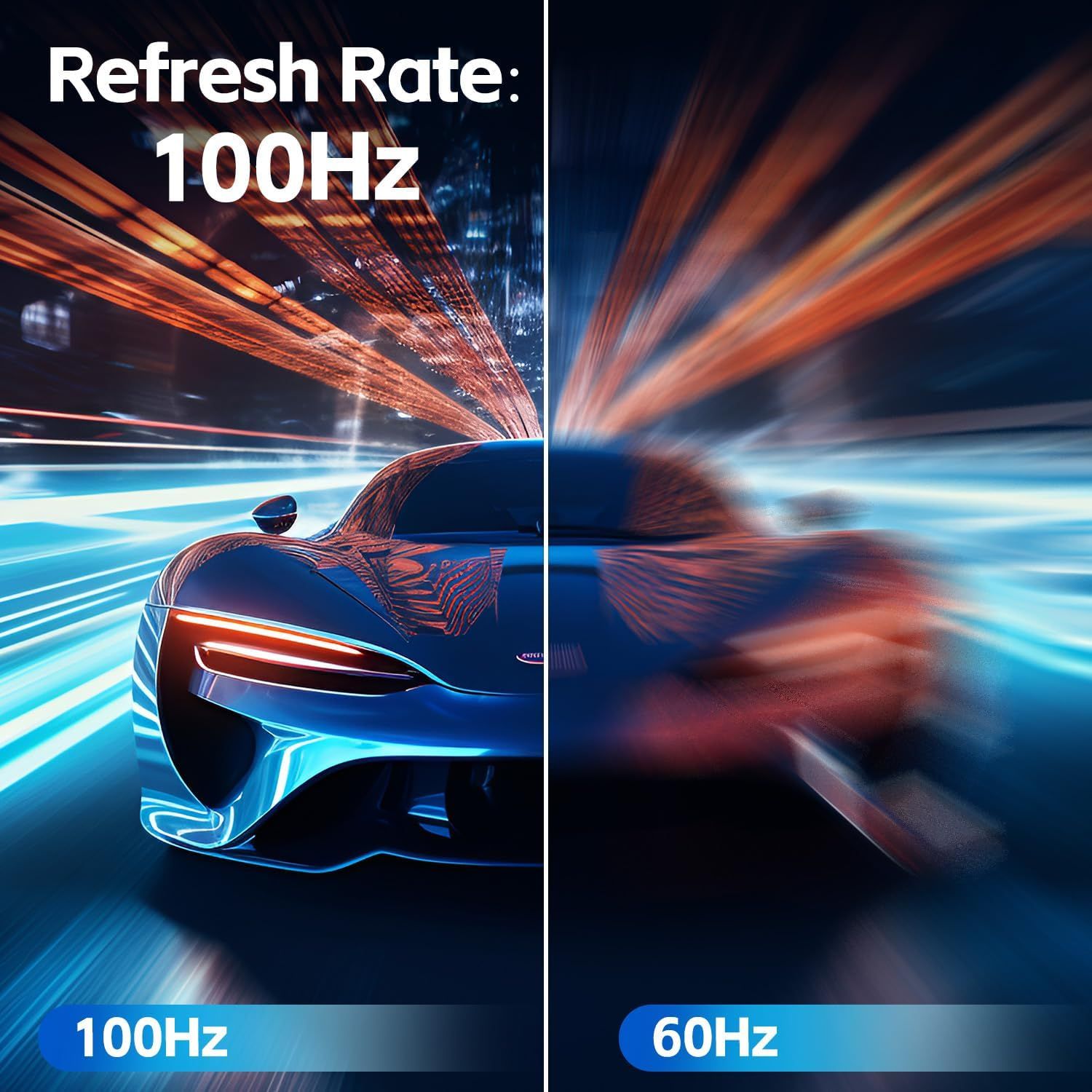 Demonstrates the superior visual smoothness and clarity of 100Hz refresh rate compared to 60Hz, reassuring shoppers of better performance and viewing experience. Highlights the quantifiable…