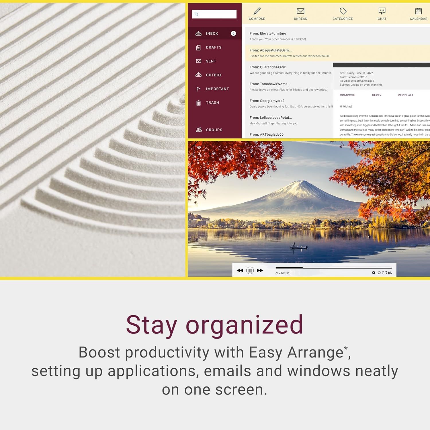 Communicates the product's ability to help users stay organized by arranging applications, emails, and windows neatly on one screen, boosting productivity.