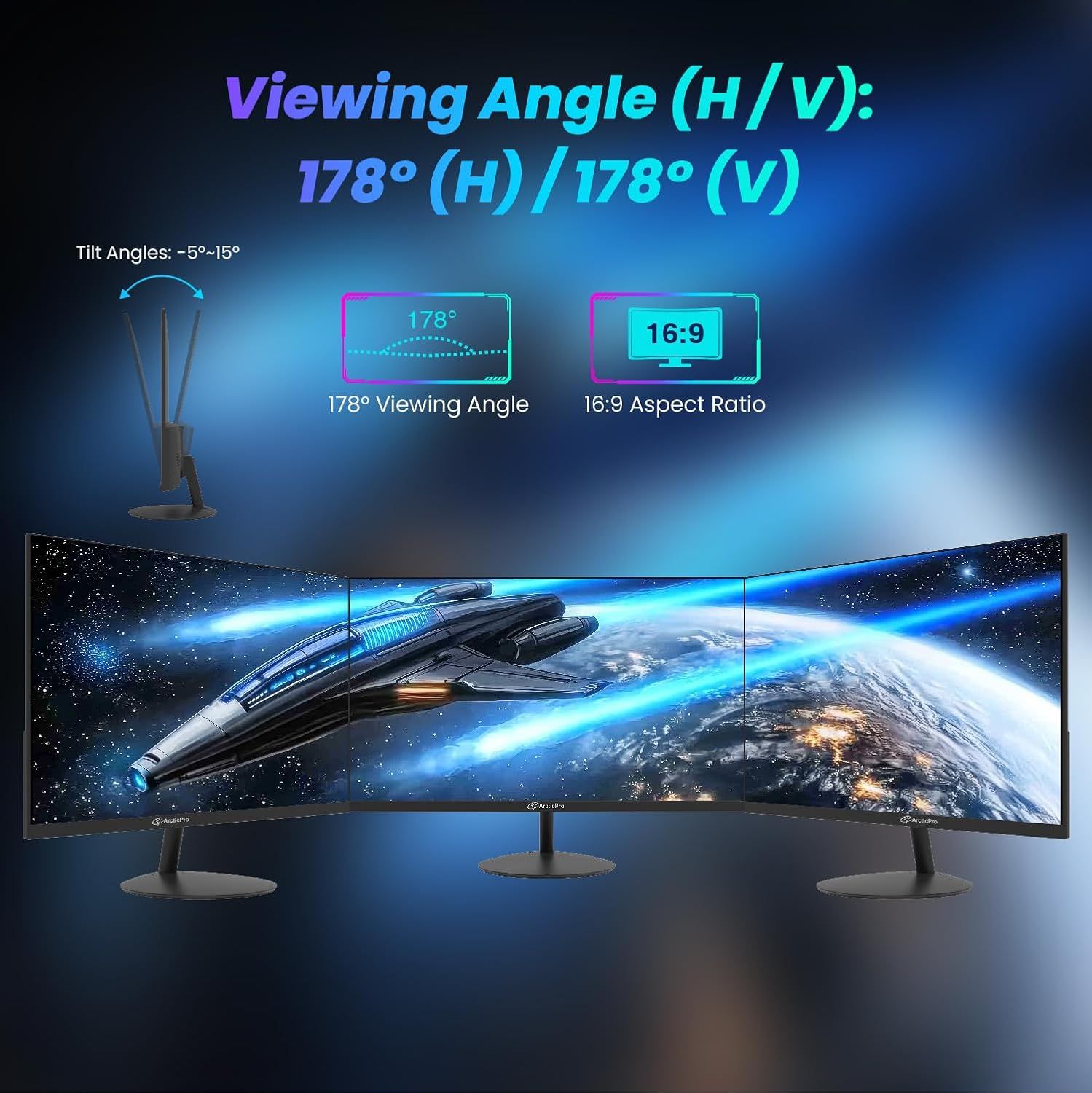 Communicates multiple technical specifications of the monitor including its wide viewing angle, aspect ratio, and adjustable tilt capability to help shoppers understand the display's versatility and…