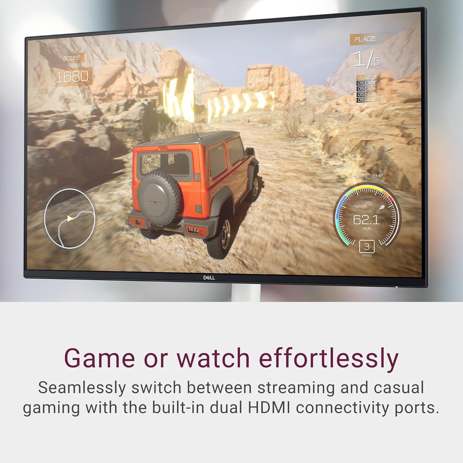 Communicates the convenience of seamlessly switching between streaming and gaming using built-in dual HDMI ports, emphasizing versatility and ease of use.
