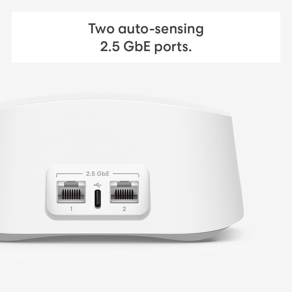 Highlights the physical location and specification of the two auto-sensing 2.5 GbE ports to inform shoppers about the product's high-speed connectivity capabilities. Communicates the benefit of…