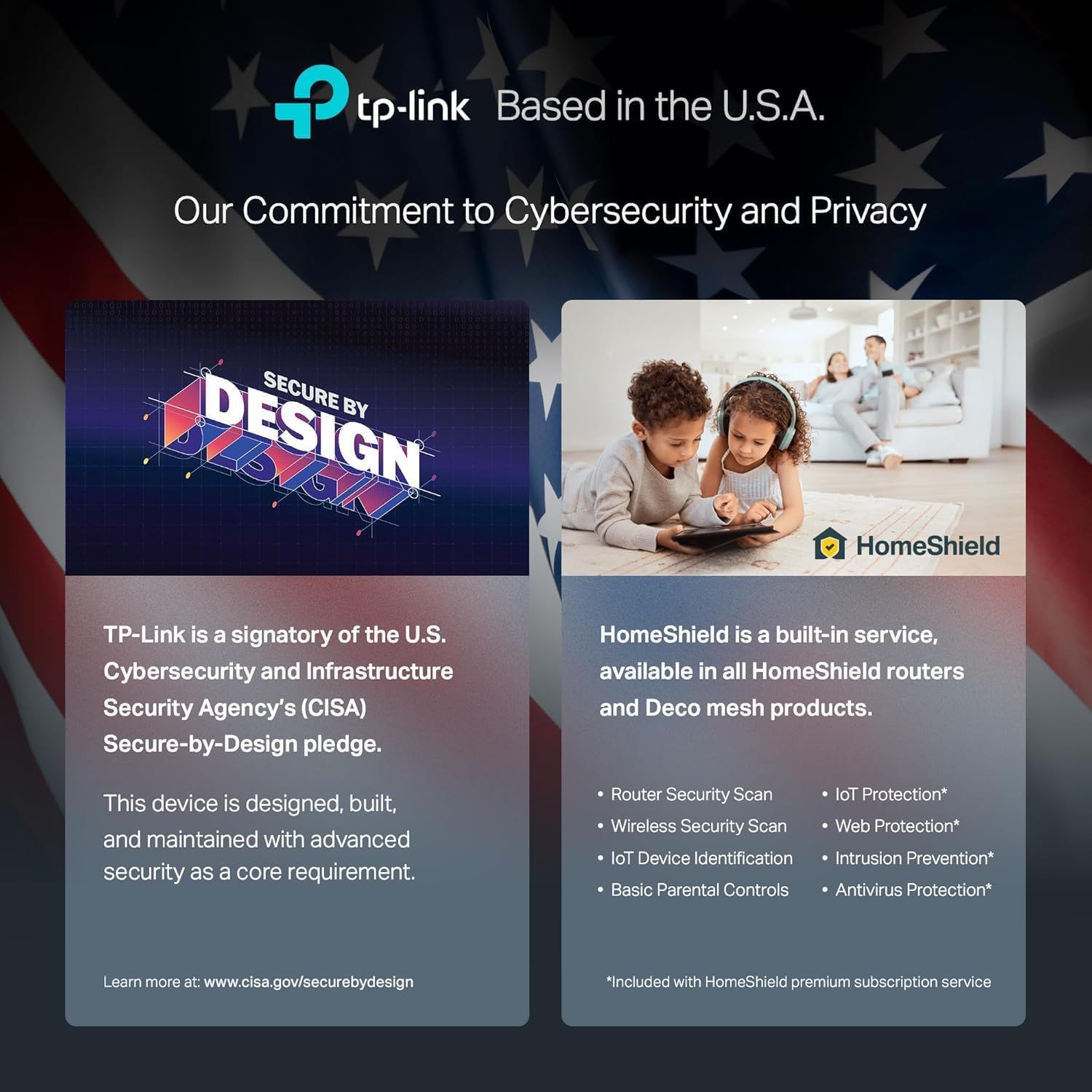 Communicates TP-Link's commitment to cybersecurity through two distinct value propositions: CISA certification and the comprehensive HomeShield security suite with multiple protection features.…