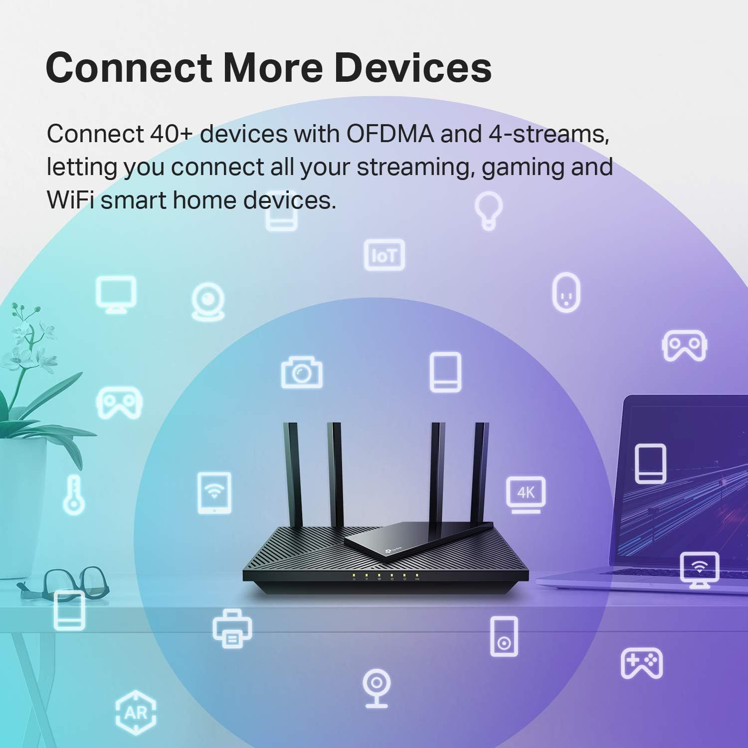 Demonstrates the router's versatility by showing it can connect 40+ devices across multiple use cases including streaming, gaming, and WiFi smart home devices, reassuring shoppers of its broad…