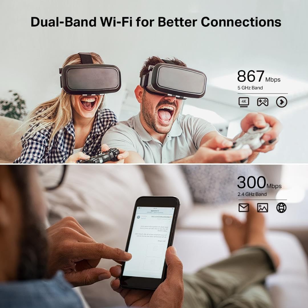 Demonstrates multiple use cases for the dual-band Wi-Fi feature, showing high-bandwidth activities (VR gaming, 4K streaming) on the 5 GHz band and everyday activities (email, browsing) on the 2.4…