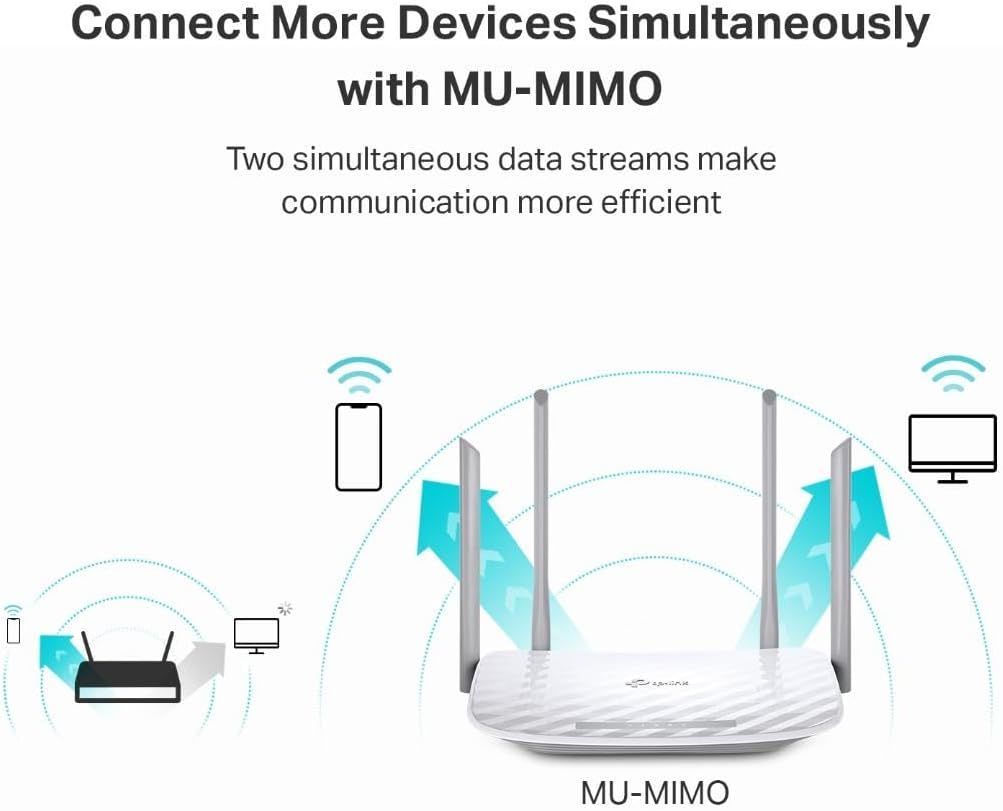 Communicates that the router's MU-MIMO technology enables simultaneous connections to multiple devices with efficient data streaming, reassuring shoppers about improved network performance and…