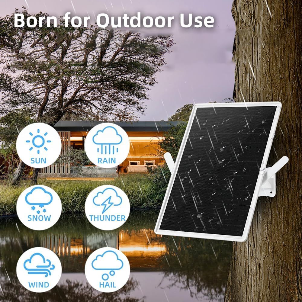 Communicates that the product (solar panel/camera) is built to withstand all outdoor weather conditions including sun, rain, snow, thunder, wind, and hail, reassuring shoppers of its durability and…