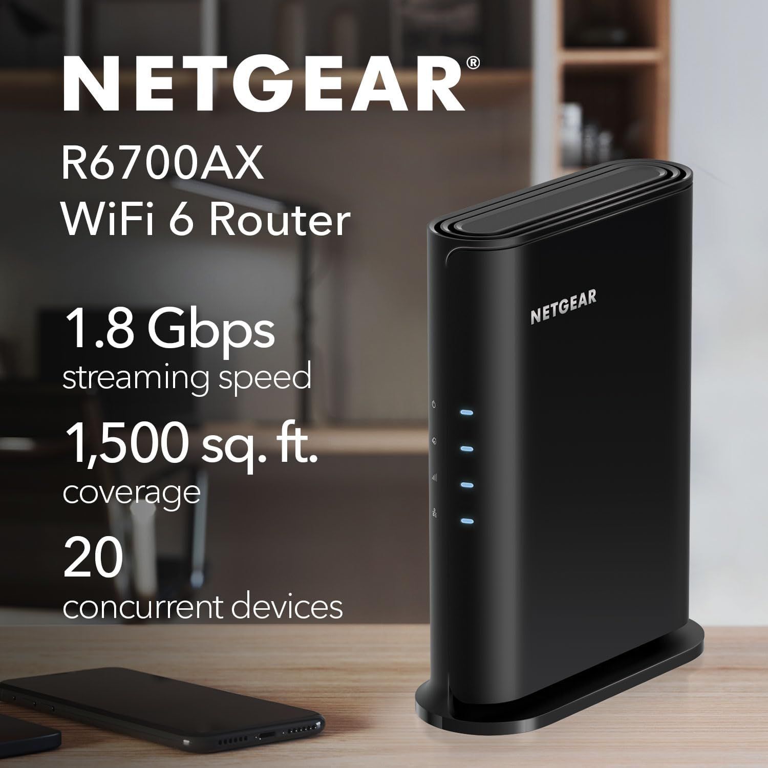 Communicates multiple key performance specifications of the WiFi 6 router to help shoppers understand its speed, coverage area, and device capacity.