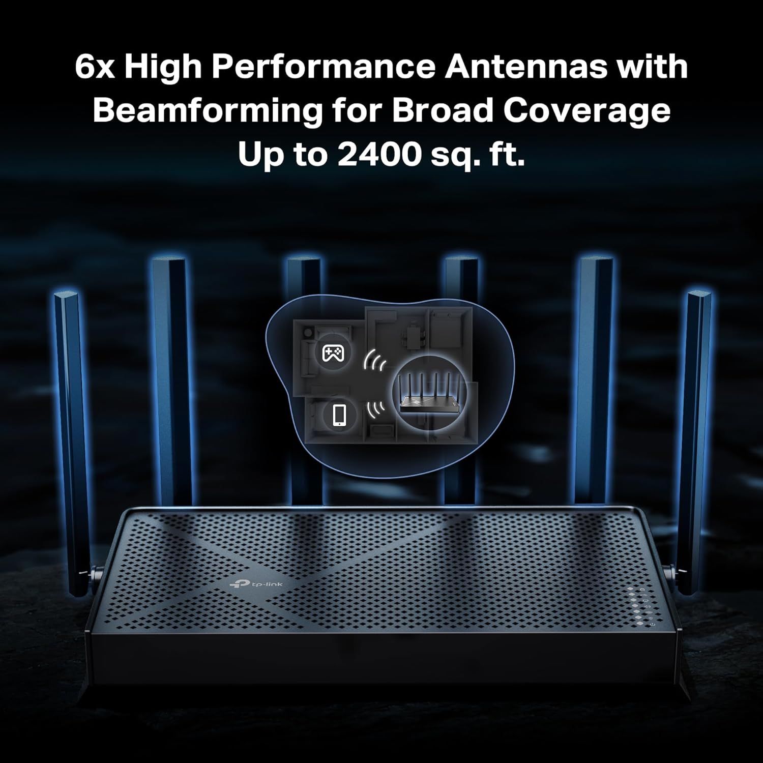 Highlights the internal antenna configuration and beamforming technology to demonstrate how the router delivers broad wireless coverage up to 2400 sq. ft. Communicates the quantifiable coverage area…