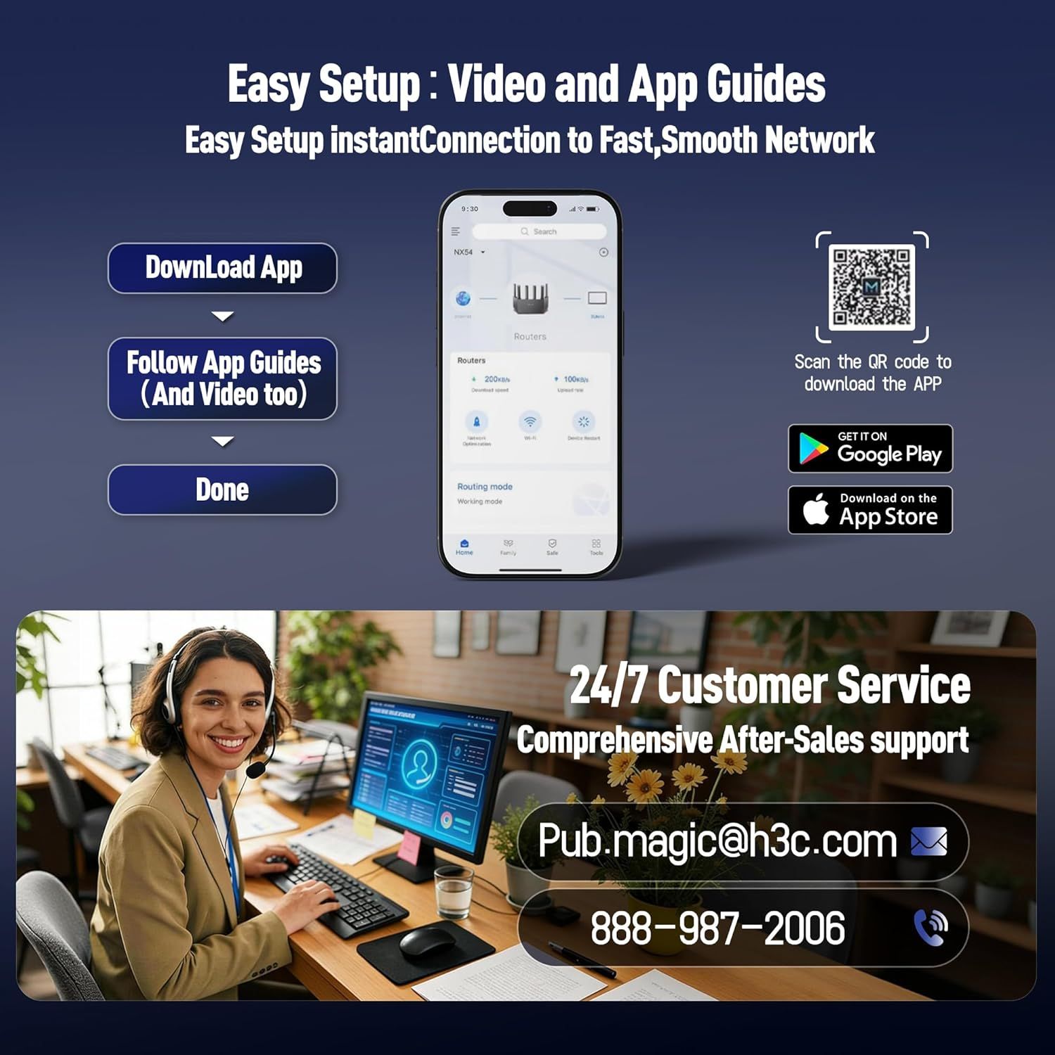 Guides the shopper through the simple setup process using the mobile app, reassuring them that installation is quick and straightforward with video and app support available.