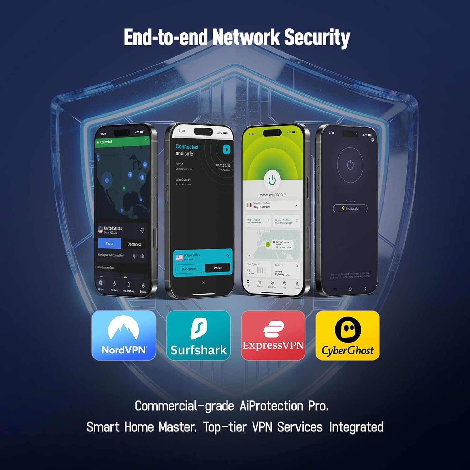 Communicates the comprehensive security and VPN integration capabilities of the product, showing multiple distinct benefits including network security, smart home control, and compatibility with…