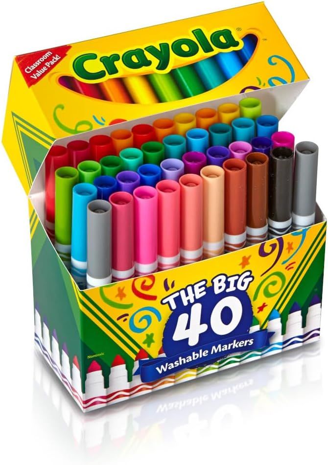 Shows the complete set of 40 washable markers in a full rainbow of colors to demonstrate the variety and quantity included in the package.