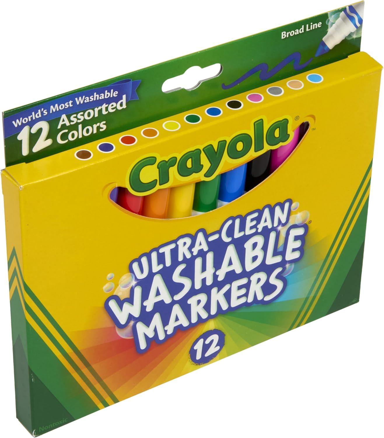 Displays the Crayola washable markers box clearly on a white background to show the product packaging, brand, and color variety without distractions.