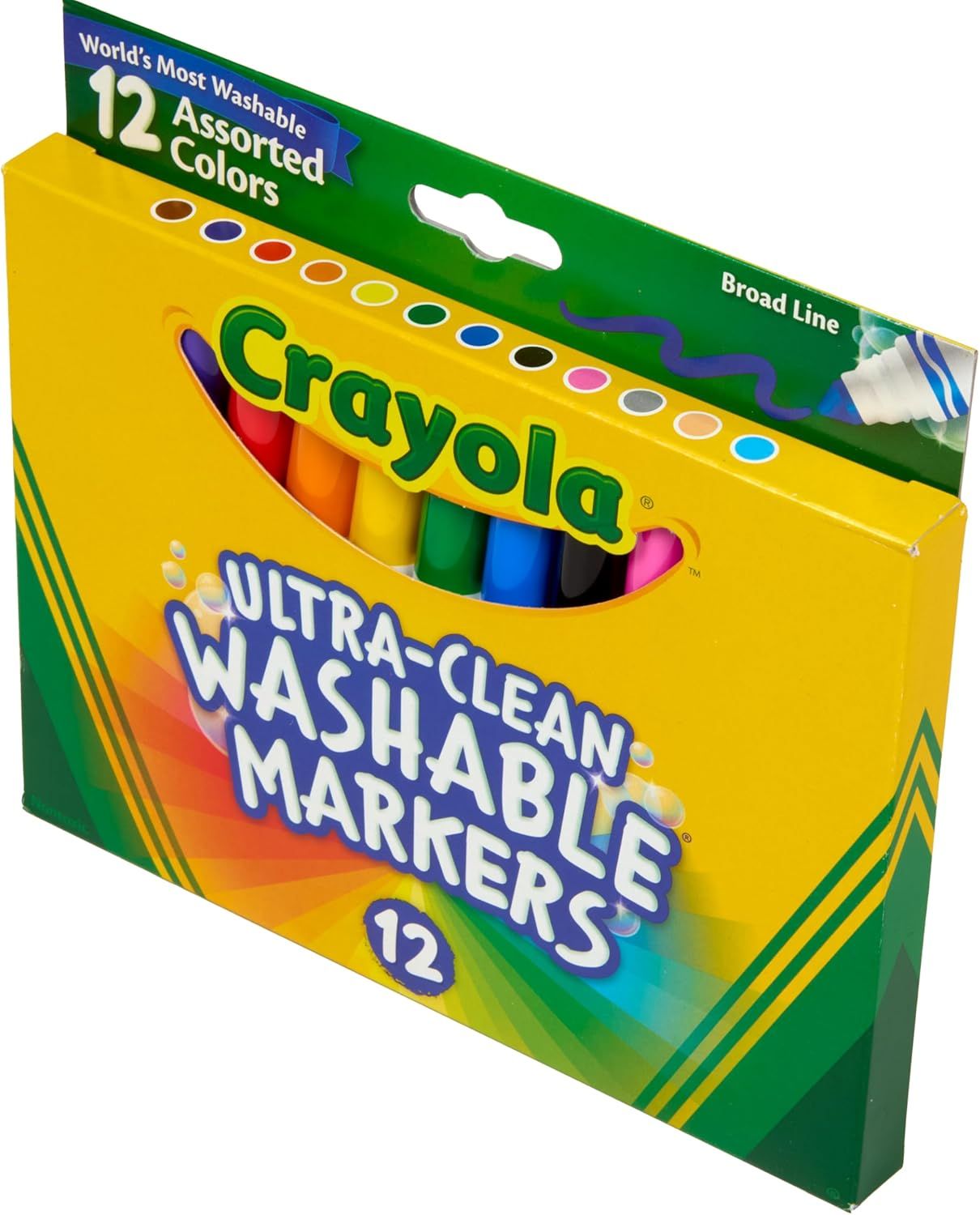 Communicates multiple key product benefits including washability, color variety, and broad line tip to help parents and shoppers understand the markers' versatility and ease of maintenance.