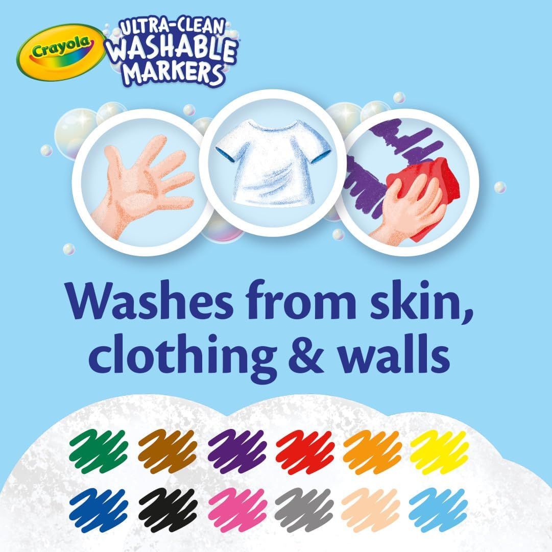 Demonstrates the versatility of the washable markers by showing they can be cleaned from skin, clothing, and walls, reassuring parents about easy cleanup. Highlights the primary benefit of the…