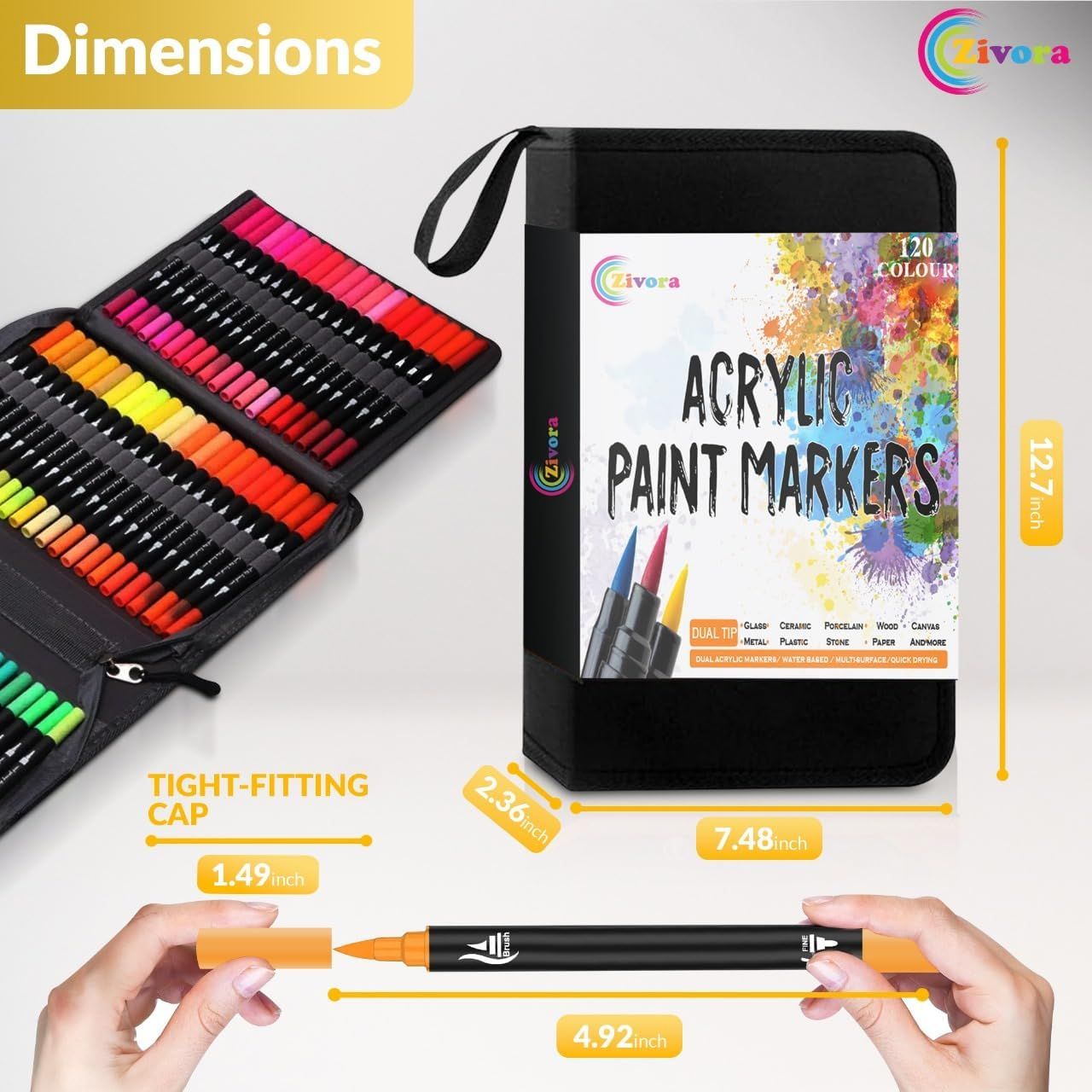 Communicates the exact physical dimensions of the product case, markers, and cap to help shoppers understand the size and portability of the acrylic paint marker set.
