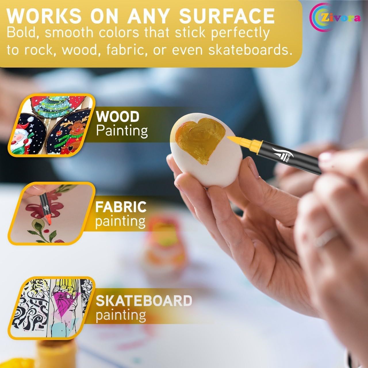Demonstrates that the paint product works on multiple different surfaces (wood, fabric, skateboard) to reassure shoppers of its versatility and broad application range.