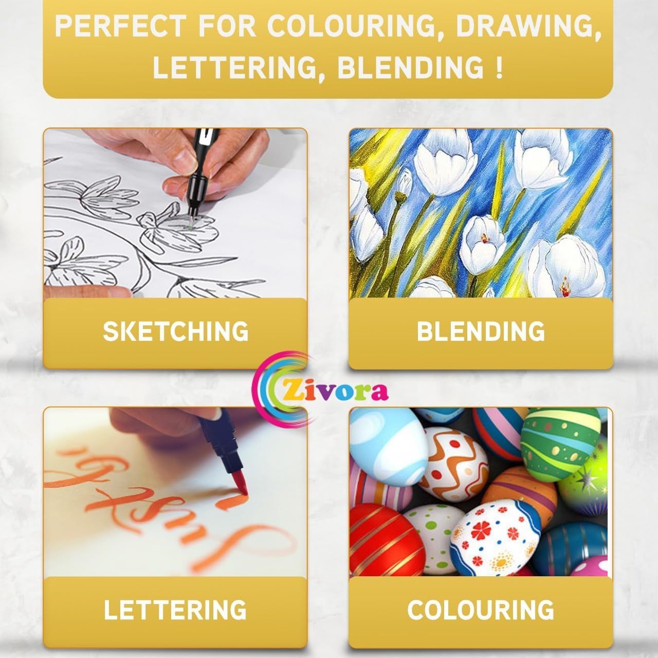 Demonstrates the multiple creative applications and use cases for the product, showing shoppers that it's versatile for sketching, blending, lettering, and colouring activities.