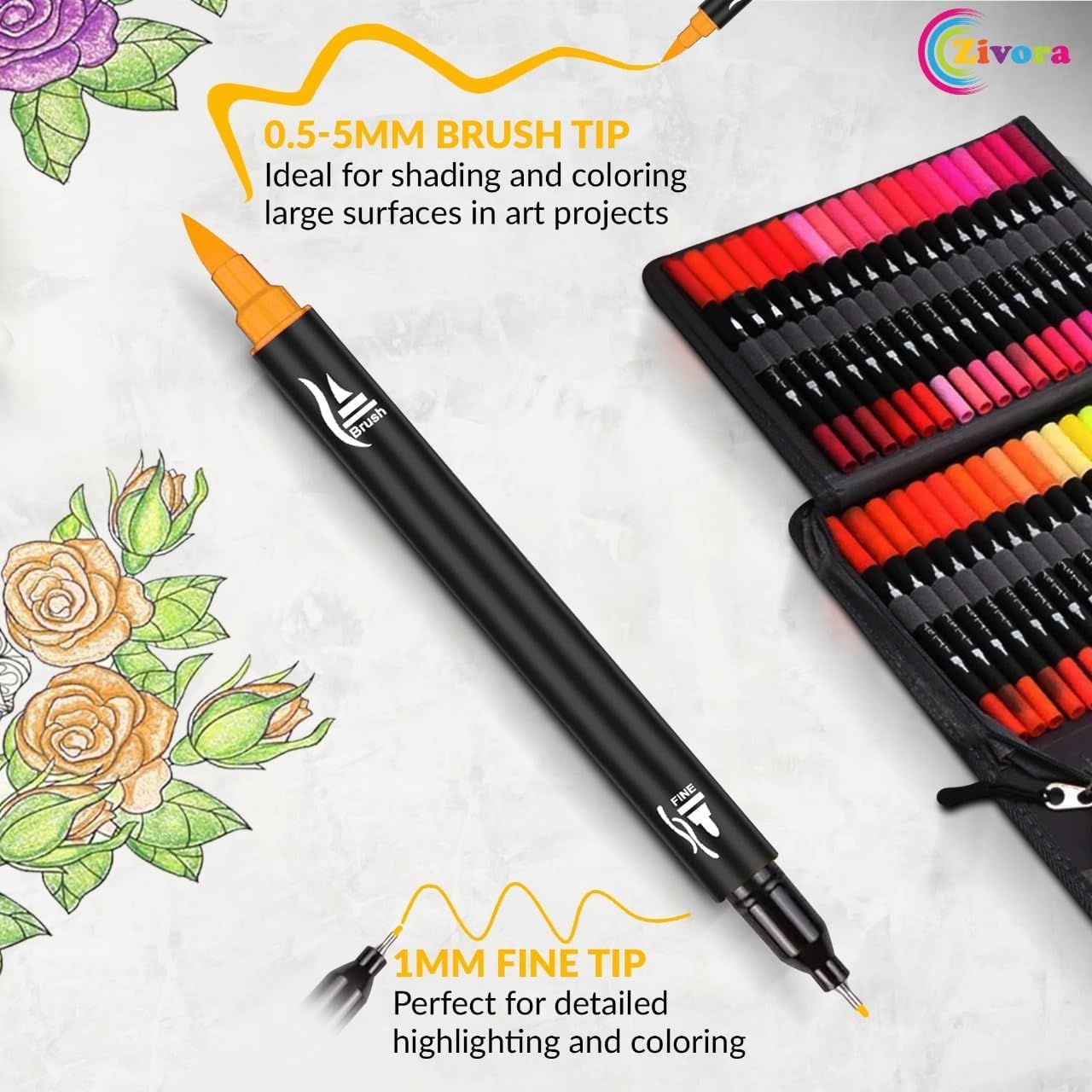 Highlights the two different tip sizes and their specific uses to help shoppers understand the product's versatility for both broad shading and detailed work in art projects.