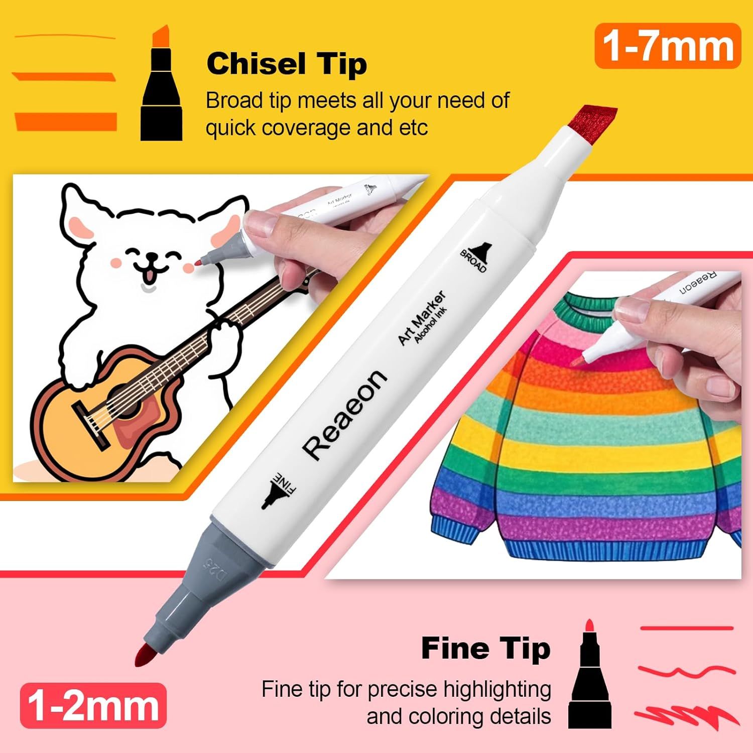 Demonstrates the dual-tip functionality of the art marker, showing how the chisel tip enables broad coverage while the fine tip allows for precise detailing and coloring.