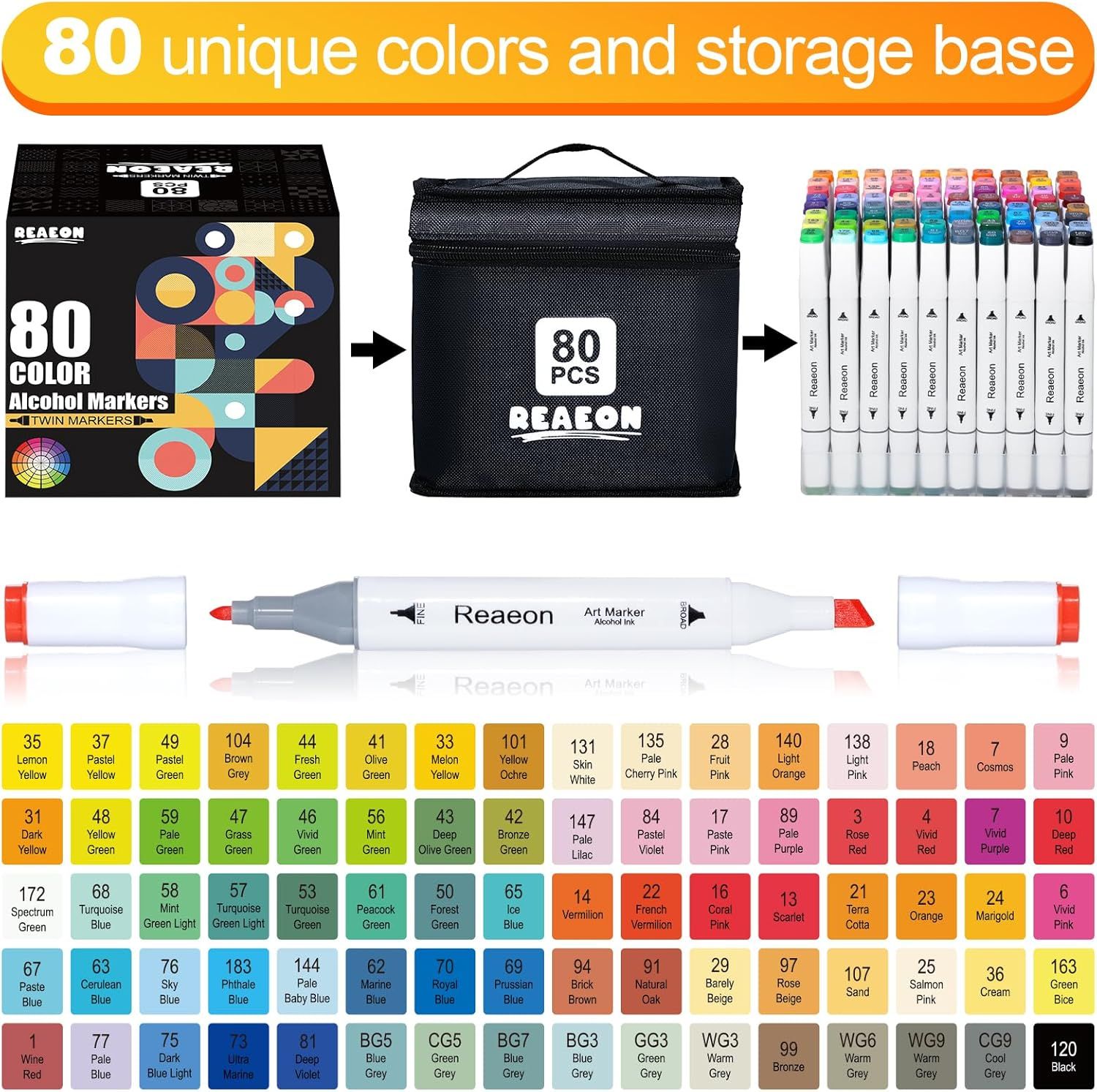 Shows everything included in the purchase: 80 dual-tip alcohol markers in unique colors, a portable storage bag, and a comprehensive color chart to help shoppers understand the complete value of the…