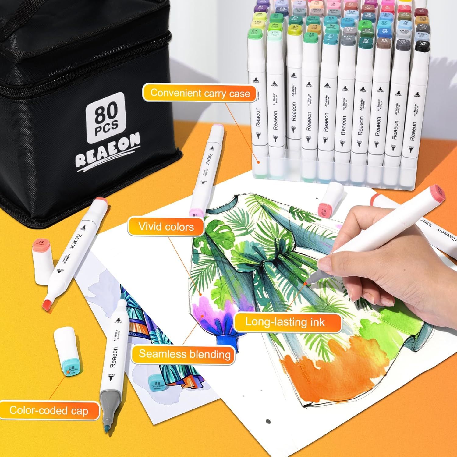 This image breaks down the key physical and functional features of the marker set, highlighting the carry case, color vibrancy, ink quality, blending capability, and color-coded caps to help…