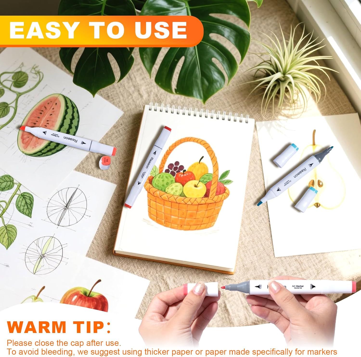 Demonstrates how simple the art markers are to use while providing practical tips about closing caps and using appropriate paper to prevent bleeding. Emphasizes the user-friendly nature of the…