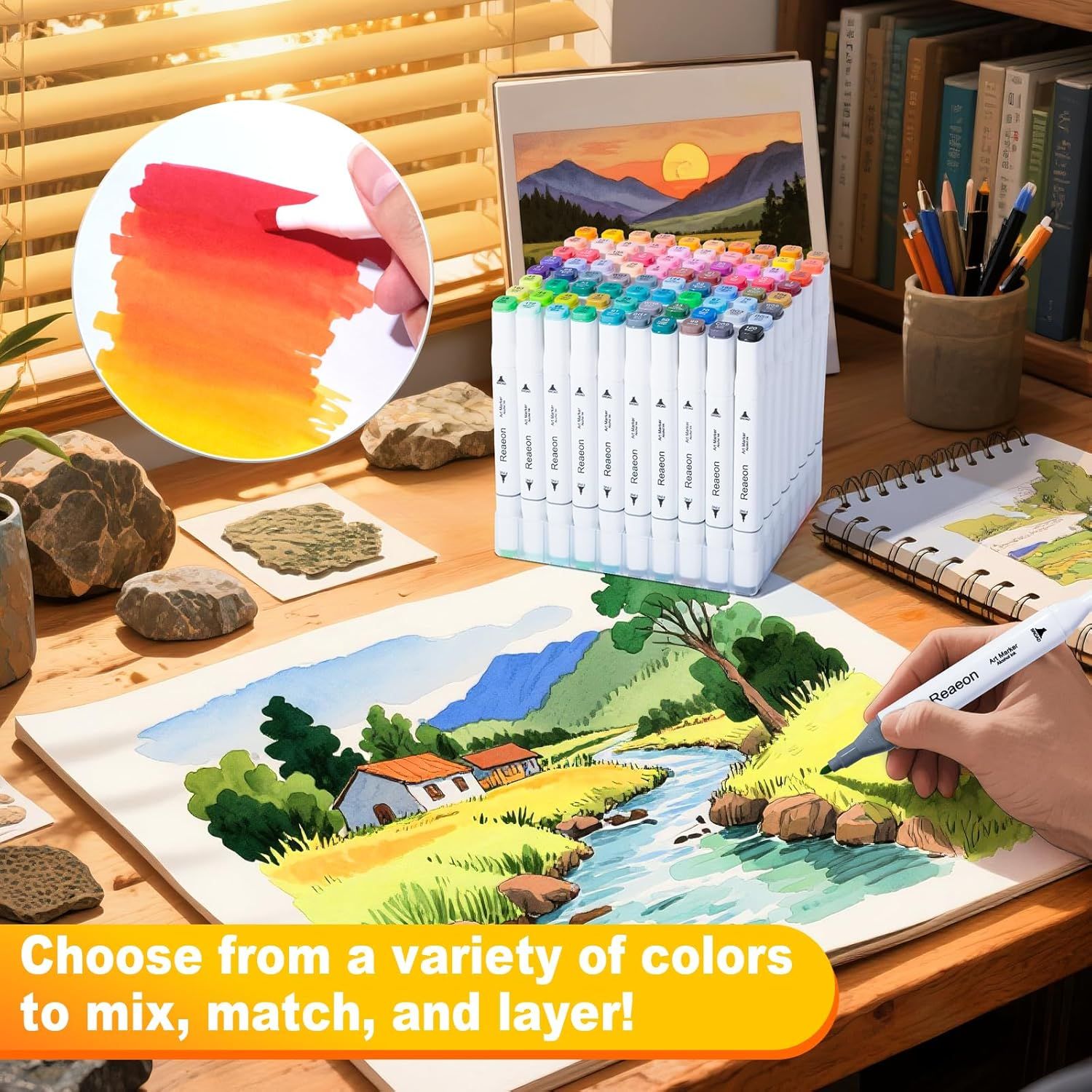 Communicates that the marker set offers a wide variety of colors that can be mixed, matched, and layered for artistic versatility and creative expression.
