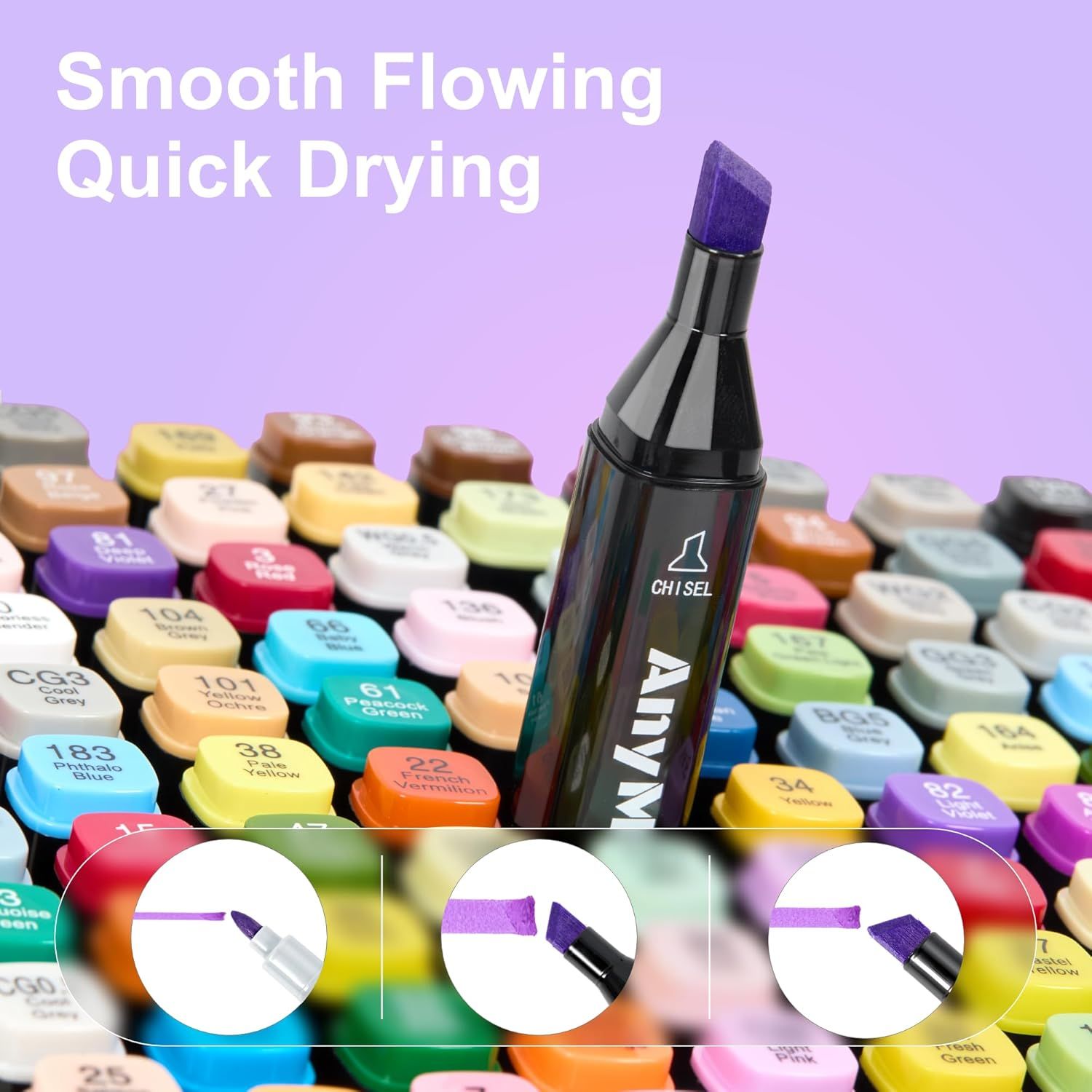 Highlights the physical design of the marker's chisel tip and demonstrates its key functional features (smooth ink flow and quick drying) to help shoppers understand the product's construction and…
