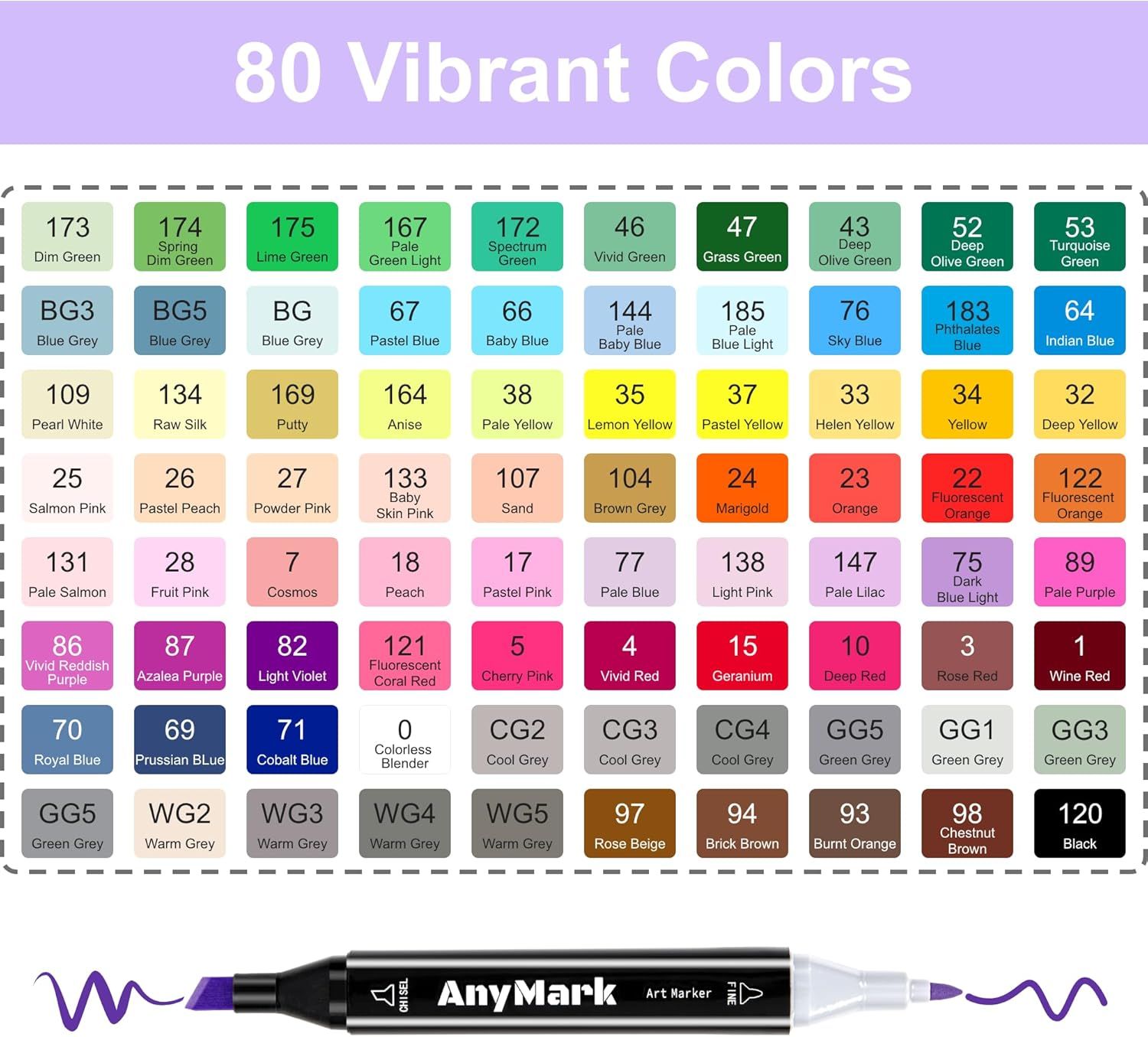 Showcases the brand's extensive color palette of 80 vibrant marker colors, helping shoppers understand the full range of options available and choose the right colors for their needs.