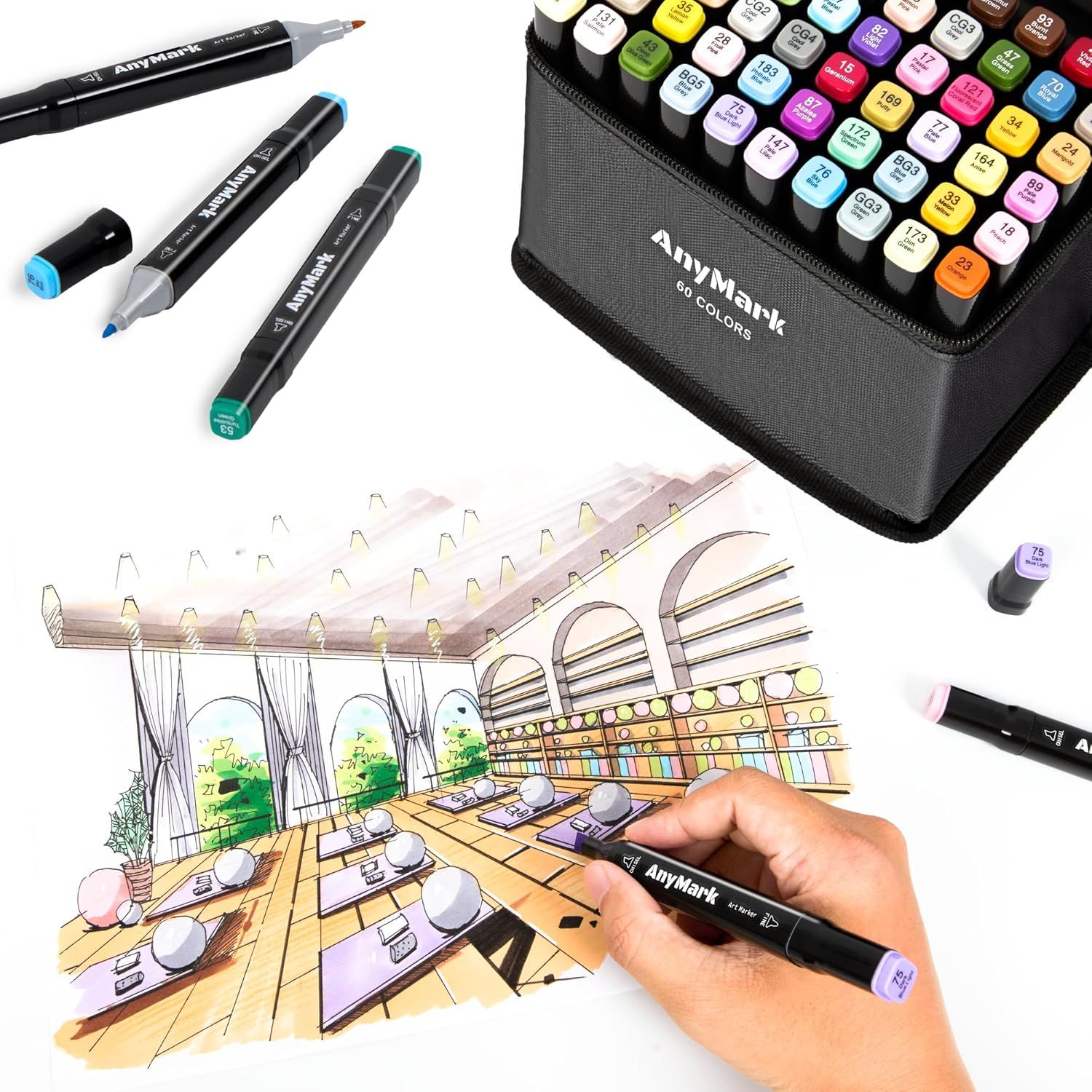 Shows the complete marker set with all included colors and the storage case, helping shoppers understand the full value and variety they receive with purchase. Demonstrates the markers' capability…