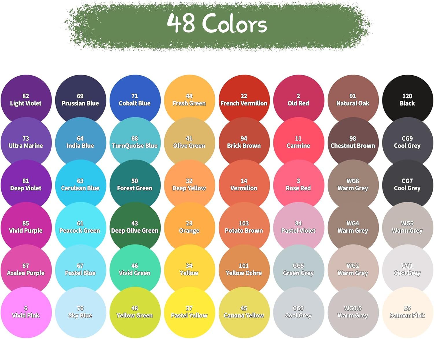Showcases the complete range of 48 available colors to help shoppers understand the full variety of options and choose the color that best fits their needs.