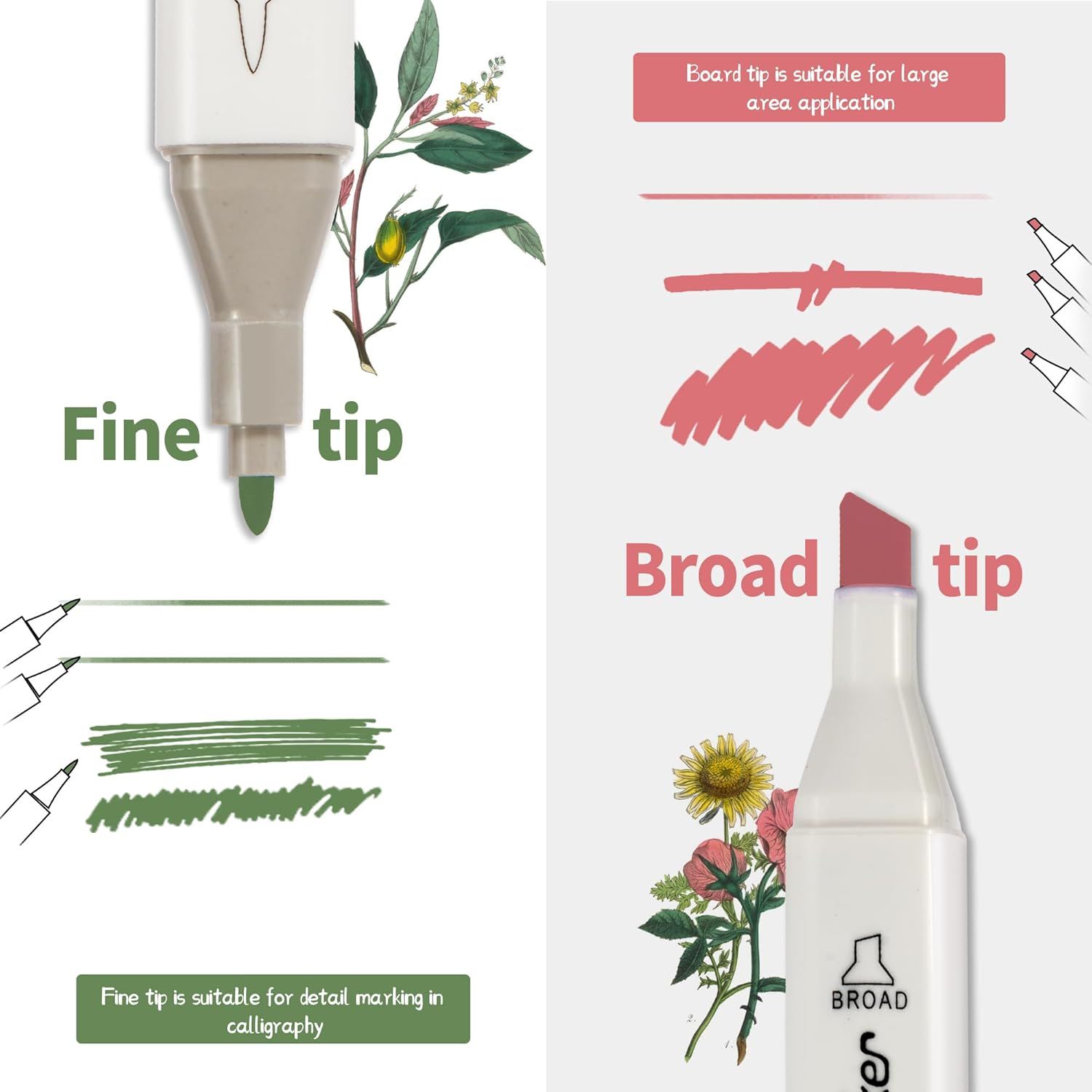 Explains the two different tip options available on the marker and demonstrates the line styles each tip produces, helping shoppers understand which tip suits their specific use case. Shows the…