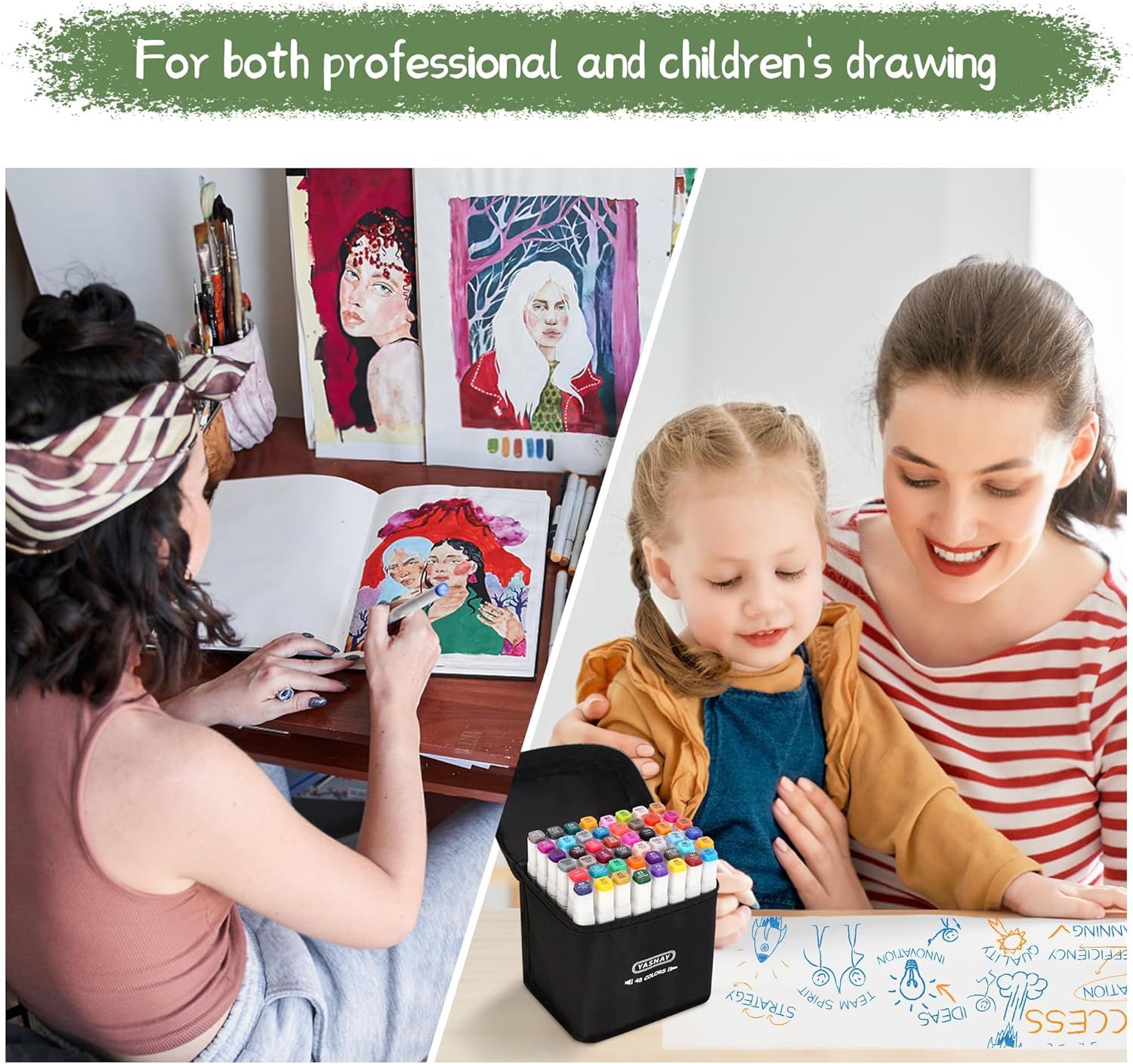 Demonstrates the product's versatility by showing it can be used effectively in two different contexts—professional artistic work and children's creative activities—to appeal to a broader audience.