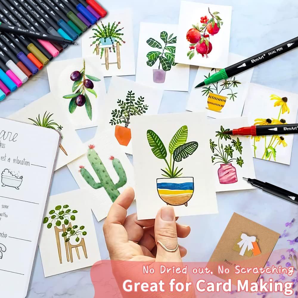 Demonstrates the product's versatility for multiple creative applications including card making, botanical illustration, and craft projects, reassuring shoppers that these markers work well for…