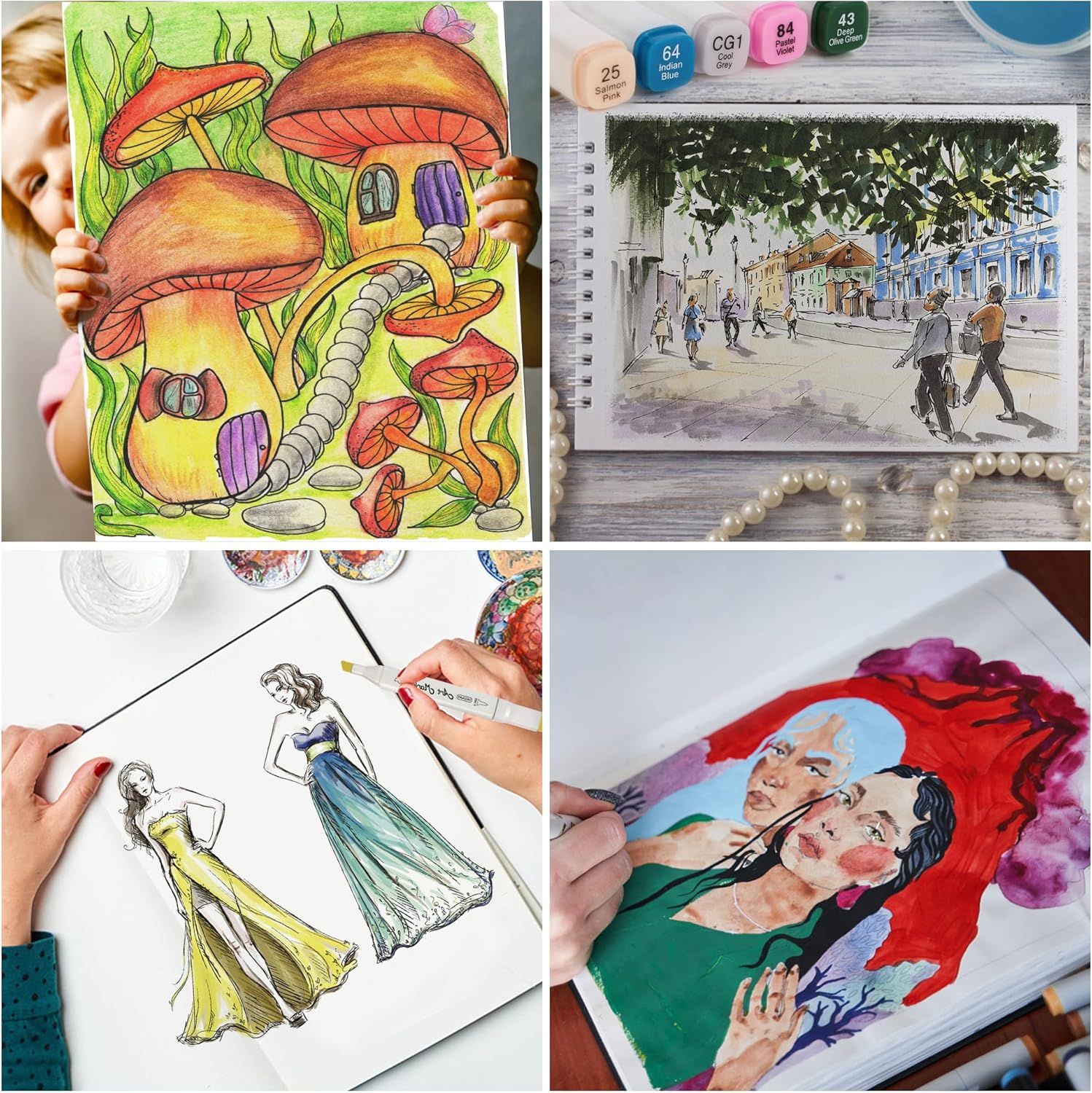 Demonstrates real customer results and creative possibilities with the product (likely markers, colored pencils, or art supplies) to build social proof and inspire potential buyers with authentic…