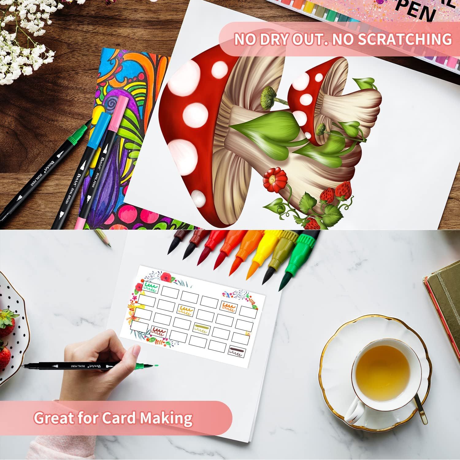 Demonstrates multiple use cases for the pens, showing they are versatile for card making, detailed coloring, and various art projects, reassuring shoppers of the product's broad creative…