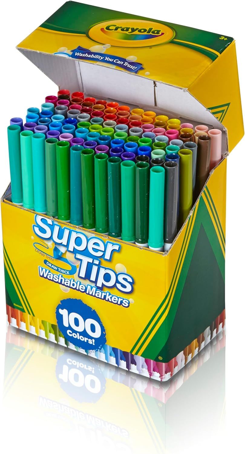 Shows the complete set of 100 washable markers in various colors that come in the package, helping shoppers understand the full variety and quantity they will receive.