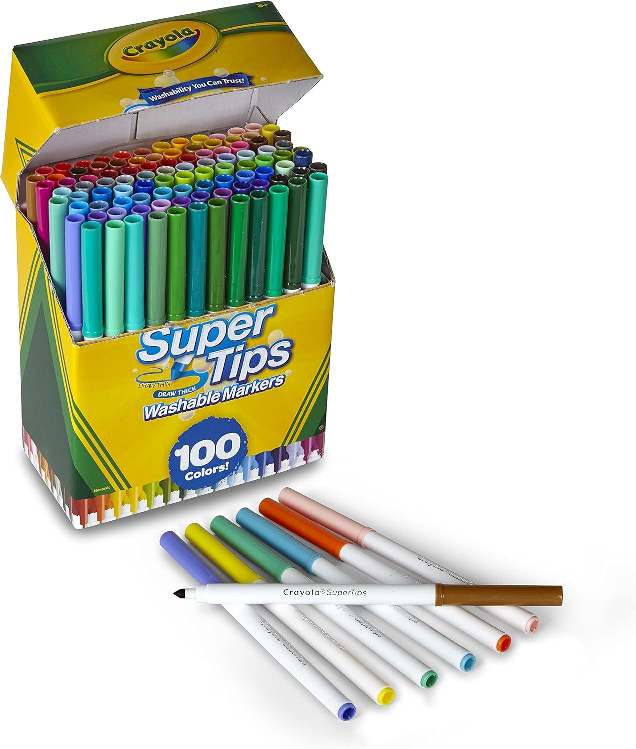 Shows the complete set of 100 washable markers in various colors that customers receive, demonstrating the extensive color variety and quantity included in the package.