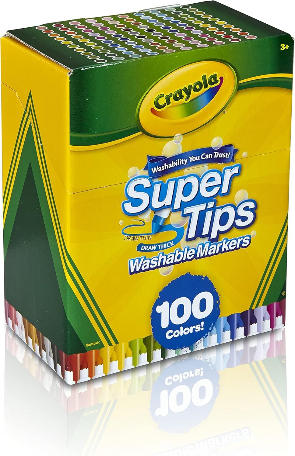 Provides a clean, catalog-style view of the Crayola Super Tips marker box showing the product packaging and branding without distractions.
