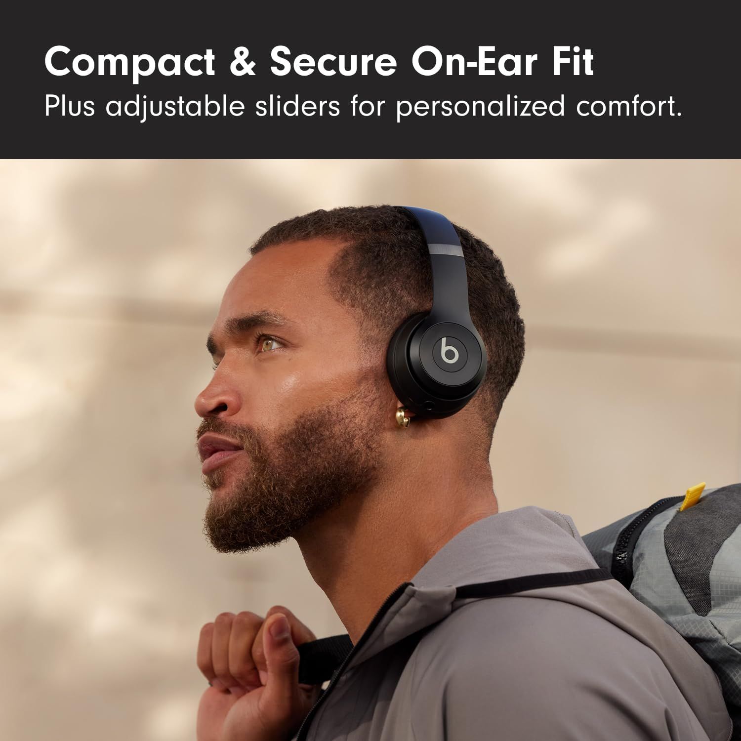 Communicates the product's secure, comfortable fit with adjustable features to reassure shoppers that the headphones will stay in place during active use.