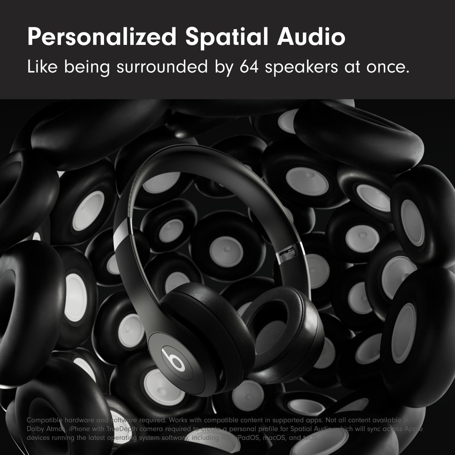 Communicates the impressive audio performance by quantifying the immersive spatial audio experience as equivalent to being surrounded by 64 speakers, emphasizing the product's advanced sound…