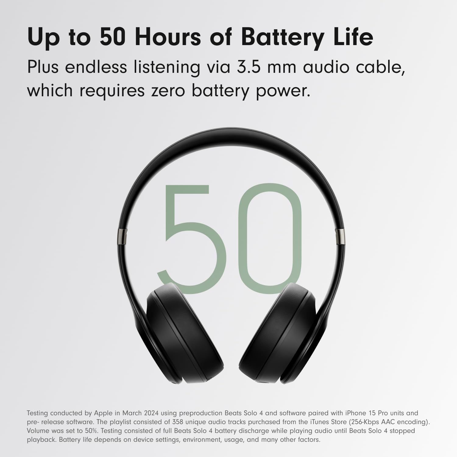 Communicates the exceptional battery performance of the headphones, emphasizing long wireless usage and unlimited wired listening to reassure shoppers about battery reliability.
