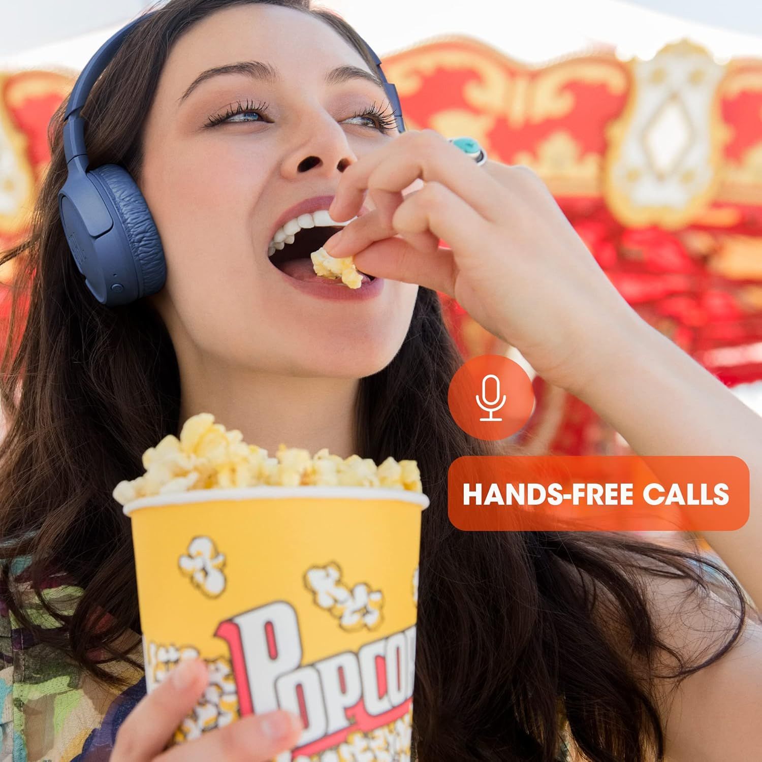 Demonstrates the headphones' hands-free calling capability, showing the user can enjoy entertainment while staying connected without using their hands.
