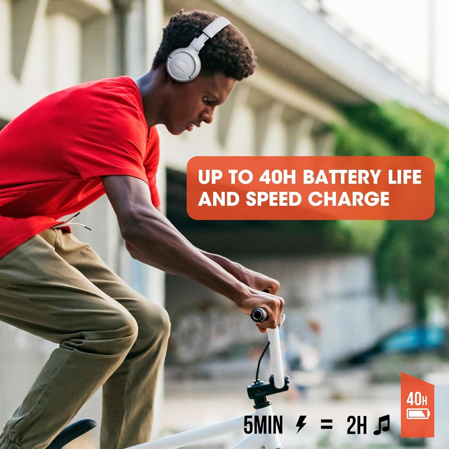 Highlights the impressive battery performance with up to 40 hours of playback and fast charging capability, reassuring shoppers they can enjoy extended listening with minimal downtime. Communicates…
