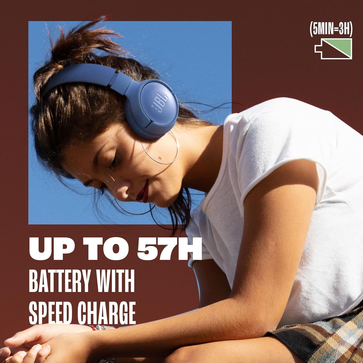 Communicates the impressive battery performance of the headphones, highlighting up to 57 hours of playback and quick 5-minute speed charge capability to reassure shoppers about long-lasting use and…