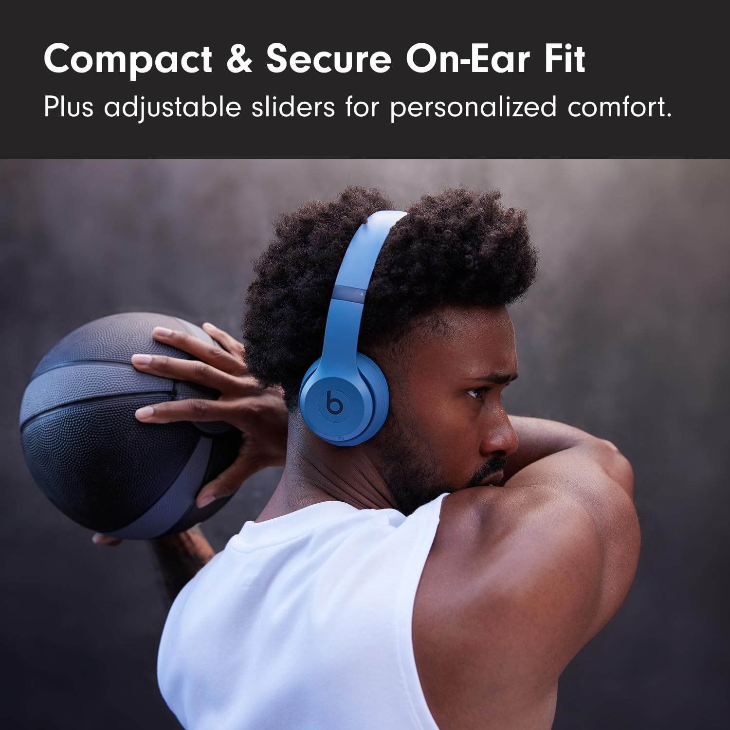 Highlights the headphones' secure on-ear fit and adjustable comfort features to reassure shoppers that the product stays in place during active use and can be customized for personalized comfort.